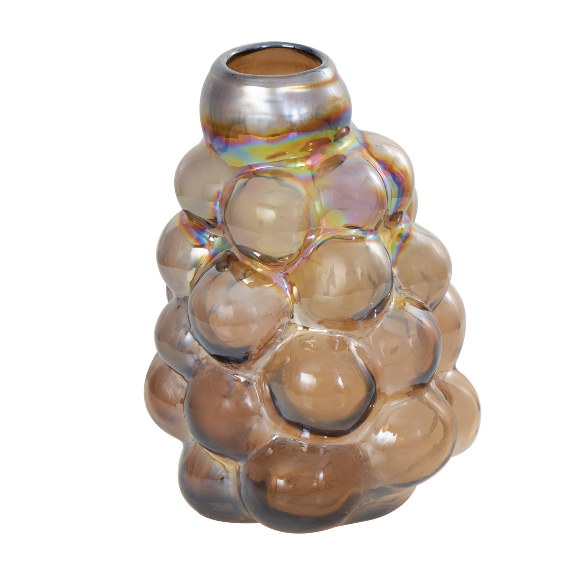 12" Iridescent Brown Abstract Handmade Bubble Glass Vase